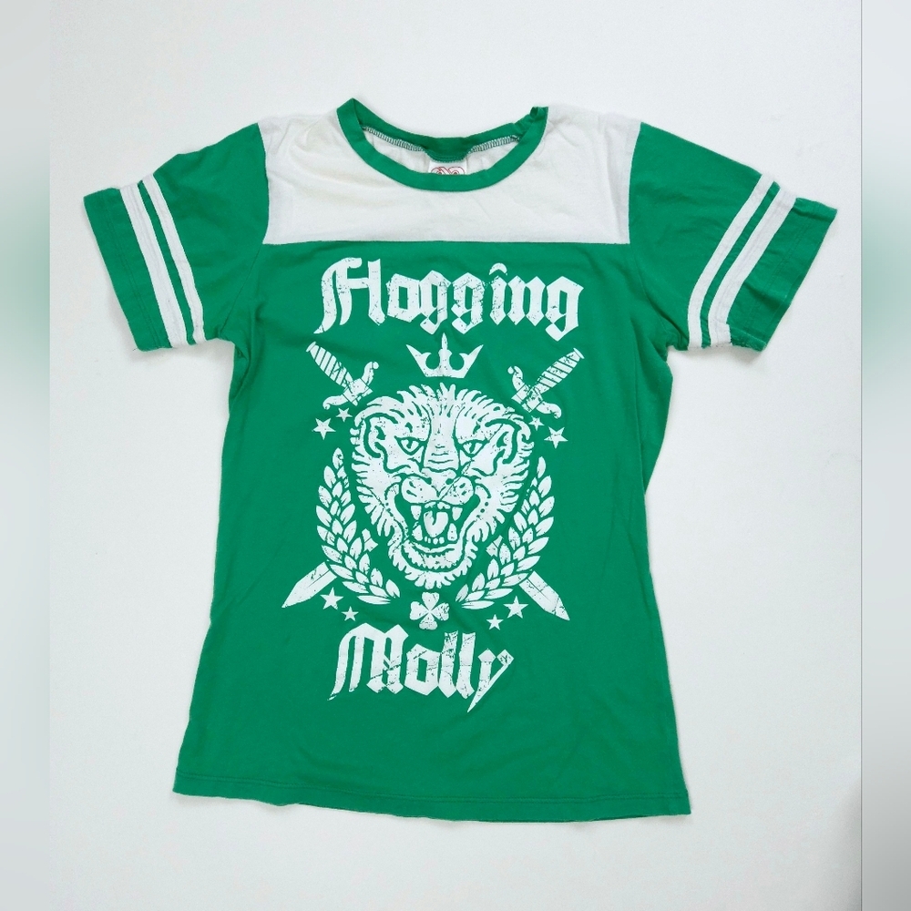 Flogging Molly Rare Green Vintage 90s Ringer Baby Tshirt Lion's Head Women's